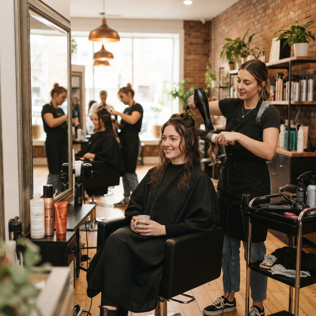 Stylist blow-drying a client's hair